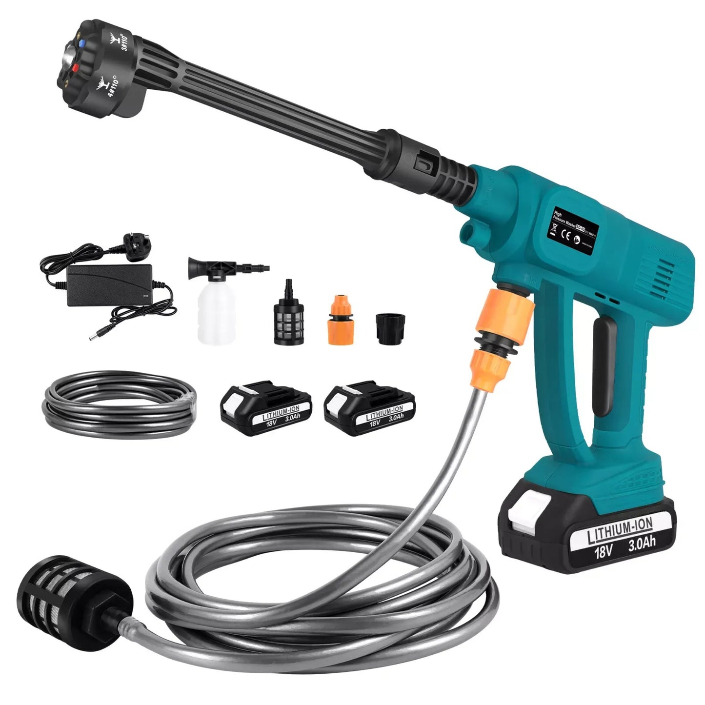 Cordless High-Pressure Washer 2×3000mAh Batteries – Portable Car Wash Gun with Adjustable 6-in-1 Nozzle & Soap Bottle