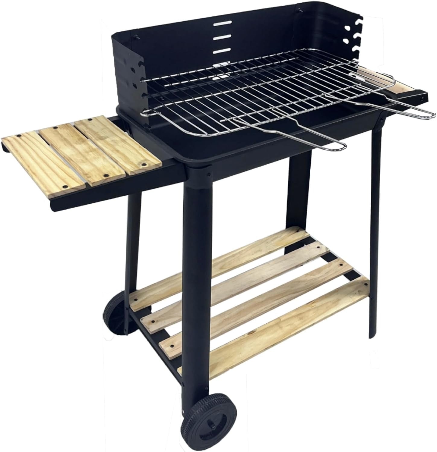 Outdoor Standing Barbecue Grill on Wheels – Adjustable Height Charcoal BBQ Trolley with Side Shelf & Wheels (GRILL ON WHEELS) ALOMAIRI