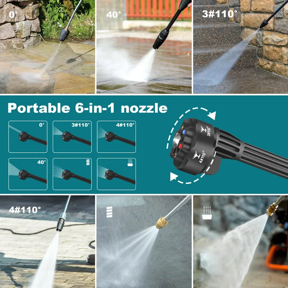 Cordless High-Pressure Washer 2×3000mAh Batteries – Portable Car Wash Gun with Adjustable 6-in-1 Nozzle & Soap Bottle