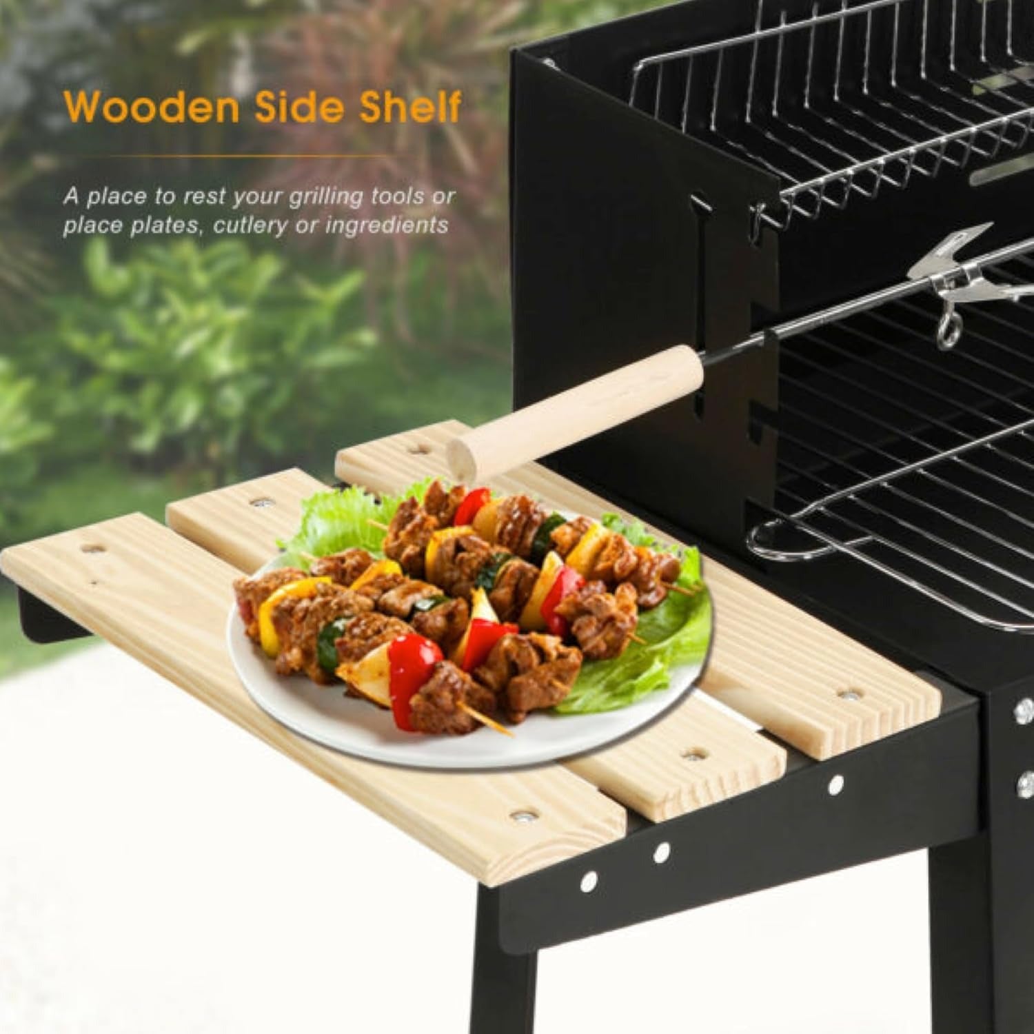 Outdoor Standing Barbecue Grill on Wheels – Adjustable Height Charcoal BBQ Trolley with Side Shelf & Wheels (GRILL ON WHEELS) ALOMAIRI