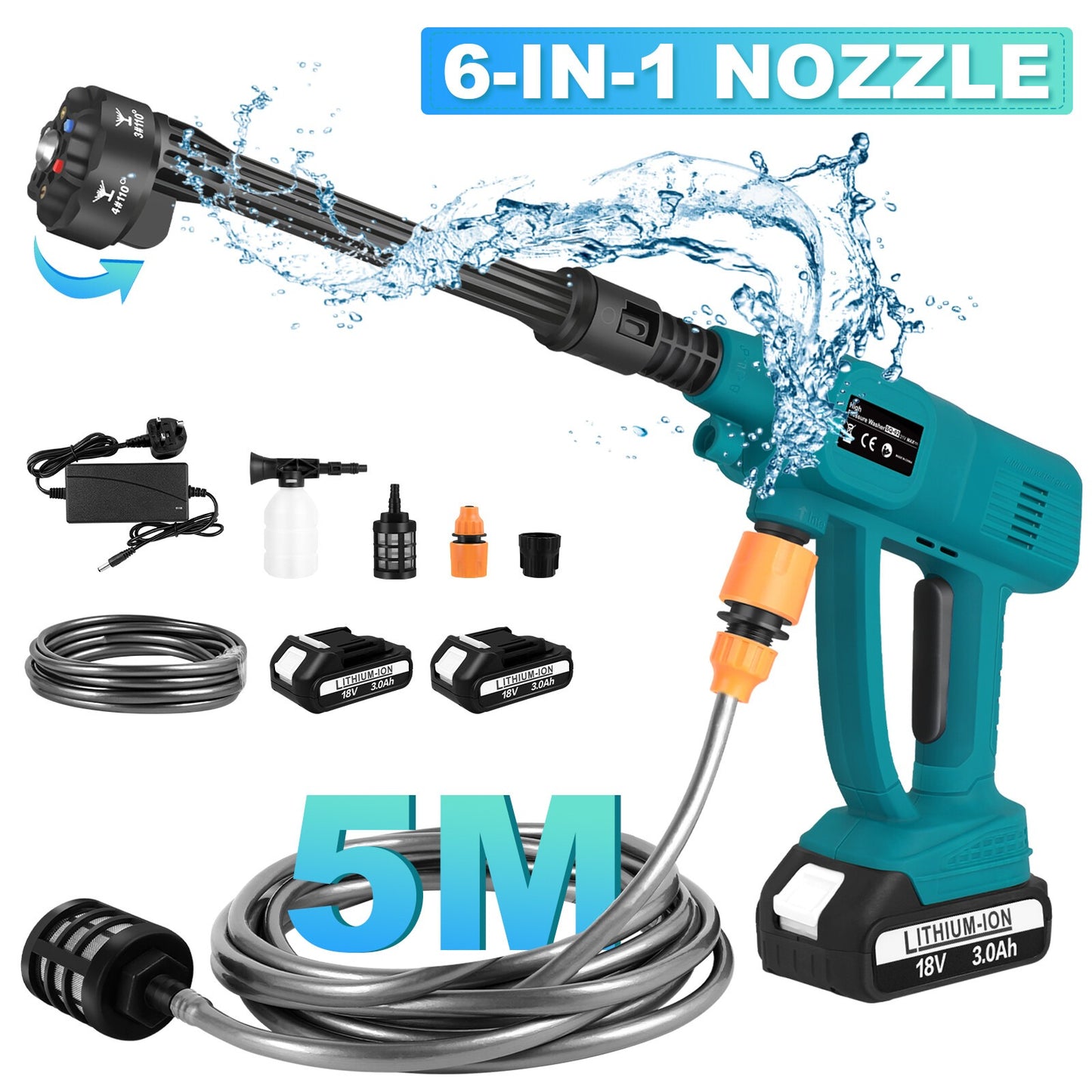 Cordless High-Pressure Washer 2×3000mAh Batteries – Portable Car Wash Gun with Adjustable 6-in-1 Nozzle & Soap Bottle