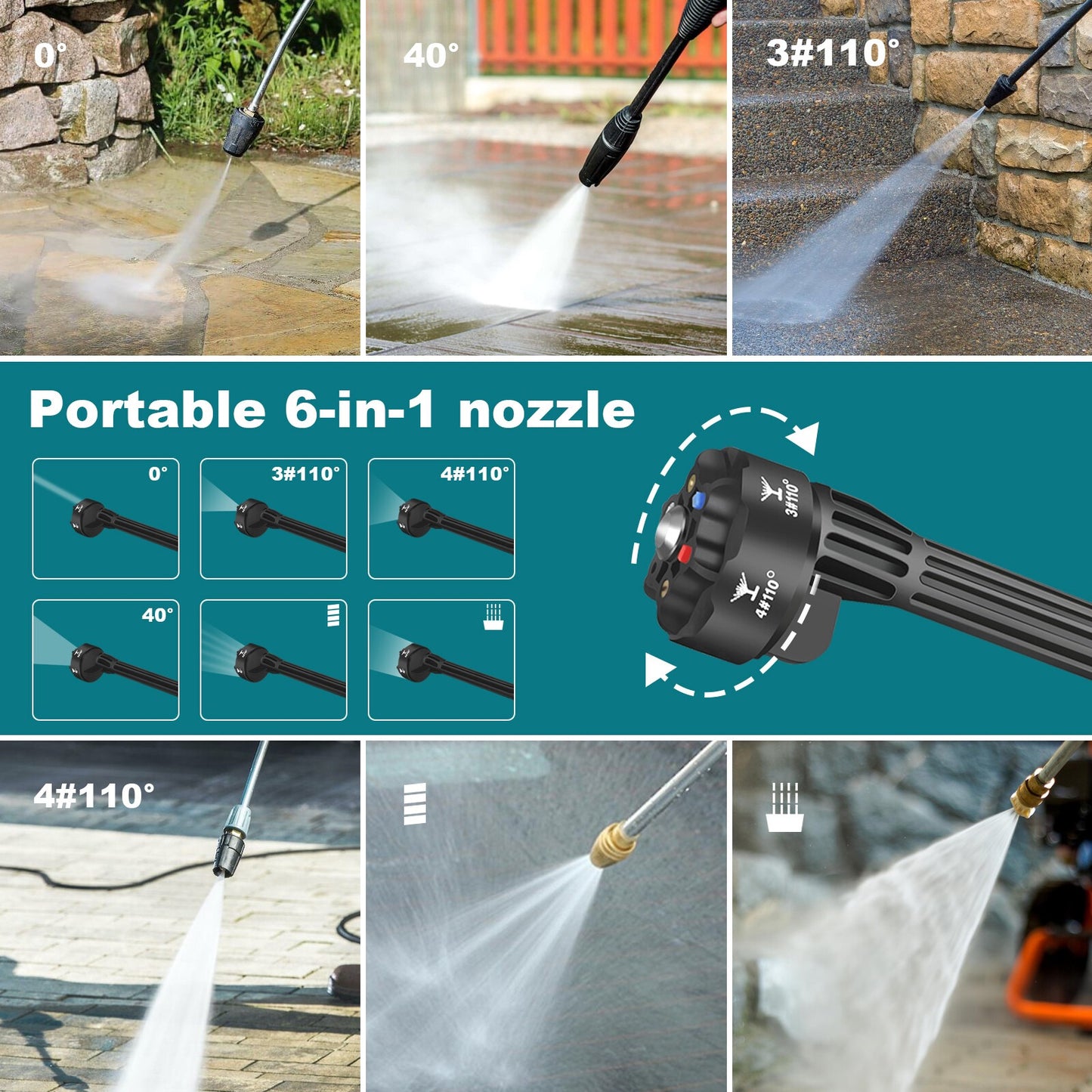 Cordless High-Pressure Washer 2×3000mAh Batteries – Portable Car Wash Gun with Adjustable 6-in-1 Nozzle & Soap Bottle