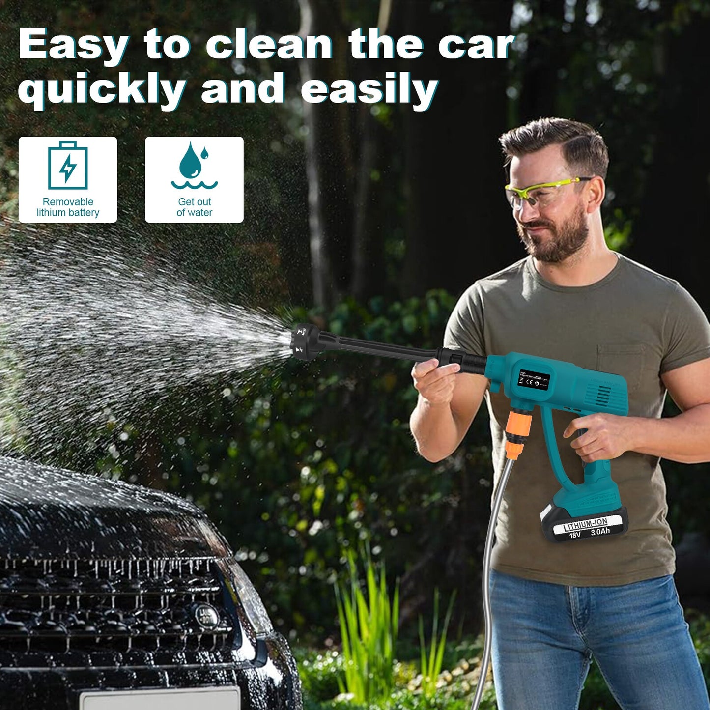 Cordless High-Pressure Washer 2×3000mAh Batteries – Portable Car Wash Gun with Adjustable 6-in-1 Nozzle & Soap Bottle