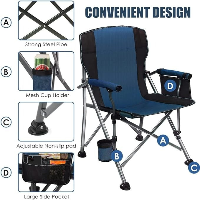 Folding Camping Chair with Cup Holder – Portable Heavy Duty Outdoor Chair with Adjustable Feet ALOMAIRI