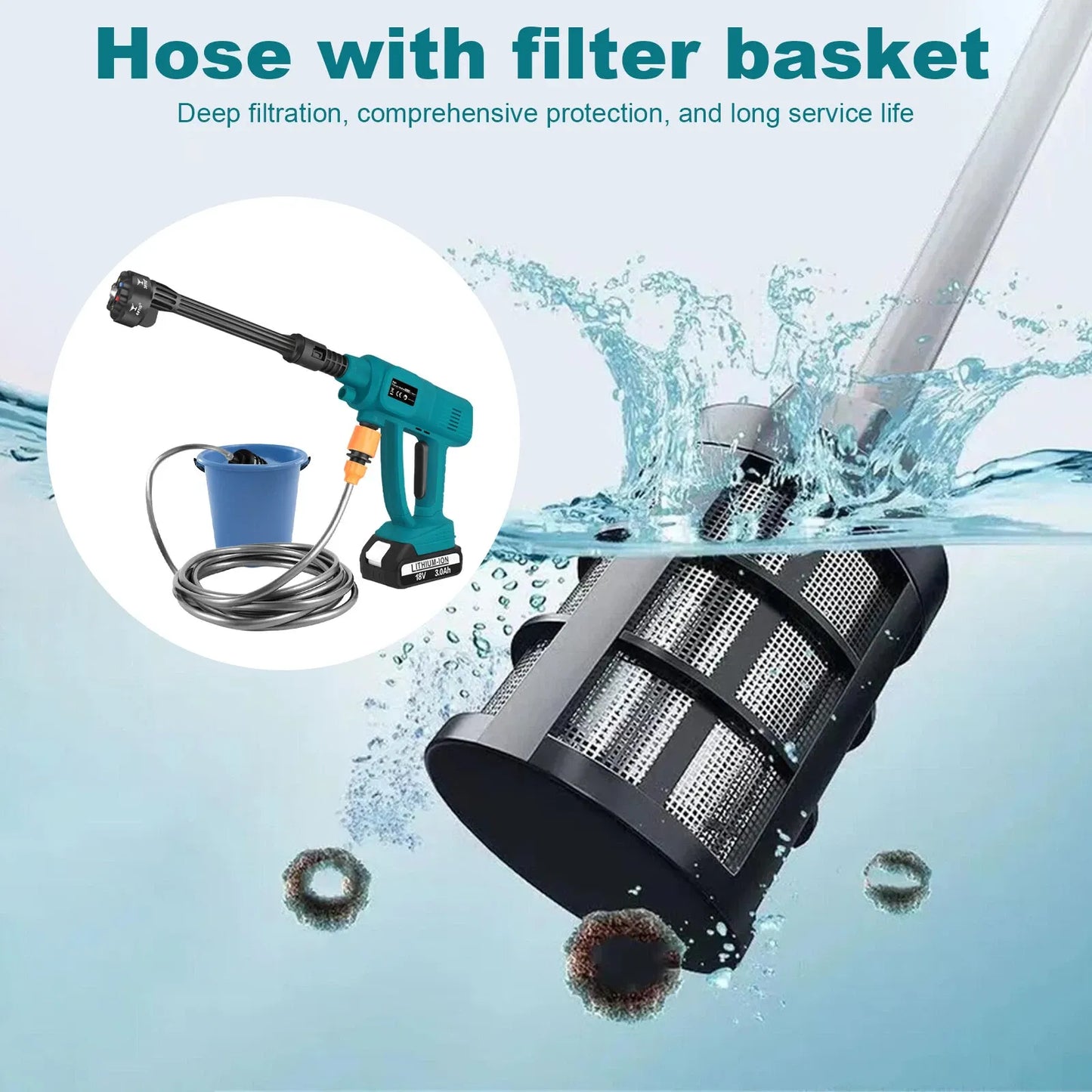 Cordless High-Pressure Washer 2×3000mAh Batteries – Portable Car Wash Gun with Adjustable 6-in-1 Nozzle & Soap Bottle