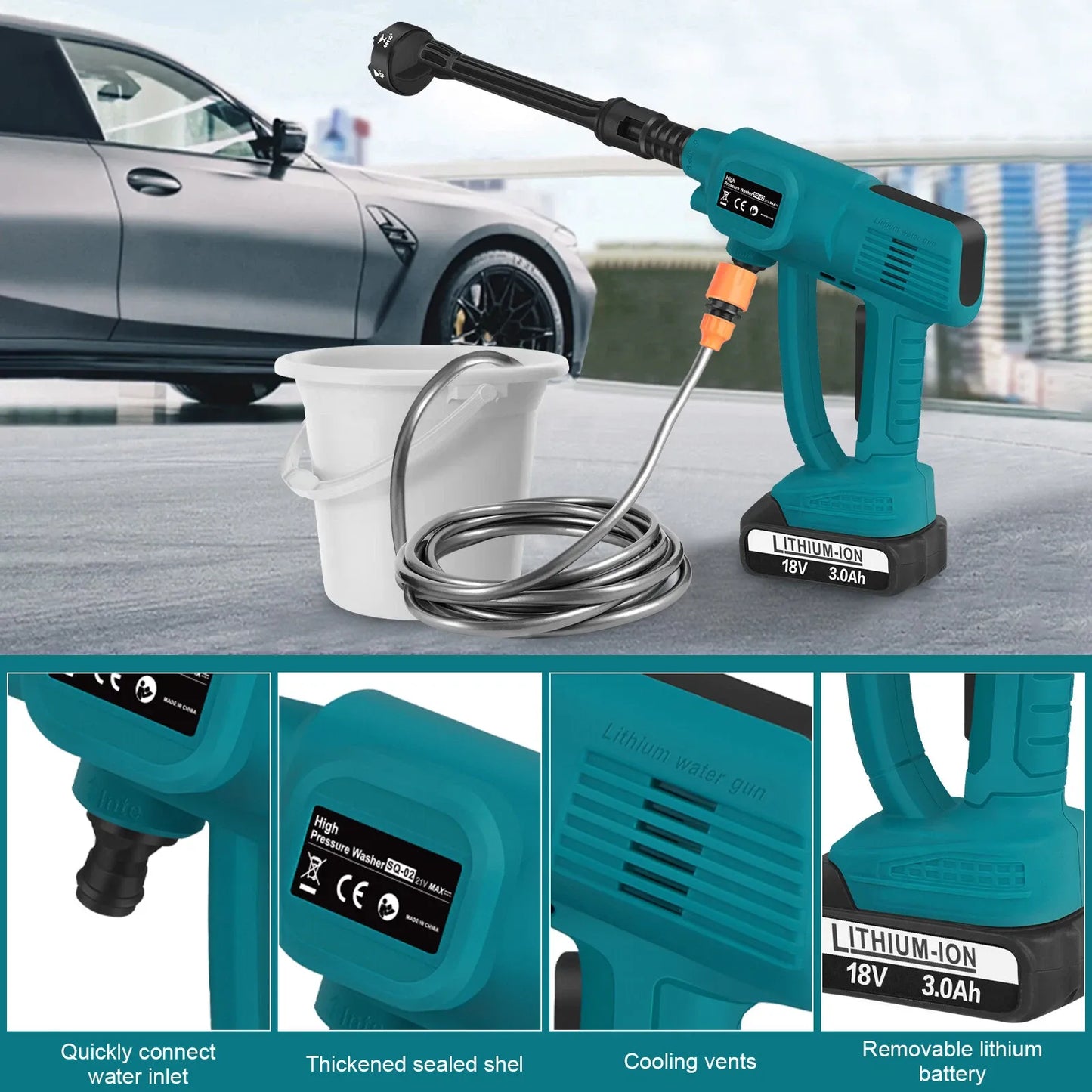 Cordless High-Pressure Washer 2×3000mAh Batteries – Portable Car Wash Gun with Adjustable 6-in-1 Nozzle & Soap Bottle