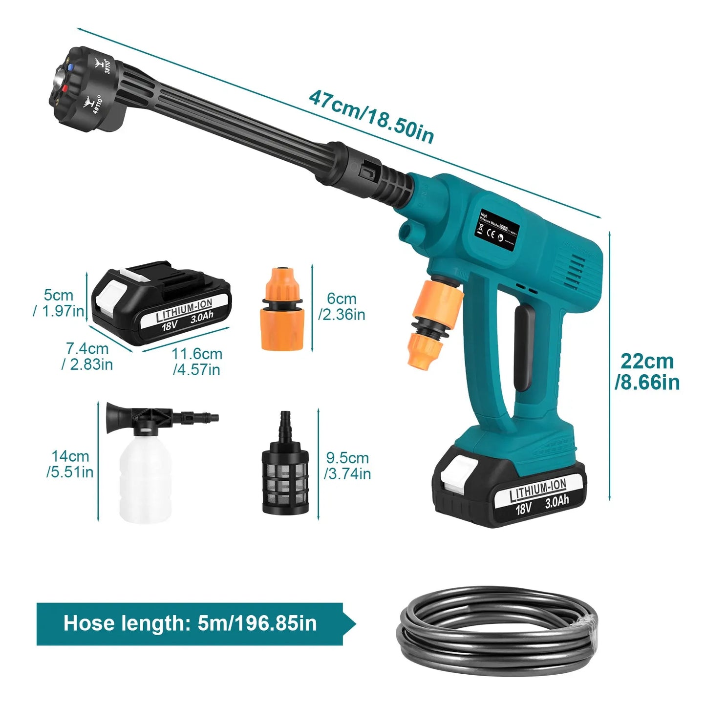 Cordless High-Pressure Washer 2×3000mAh Batteries – Portable Car Wash Gun with Adjustable 6-in-1 Nozzle & Soap Bottle