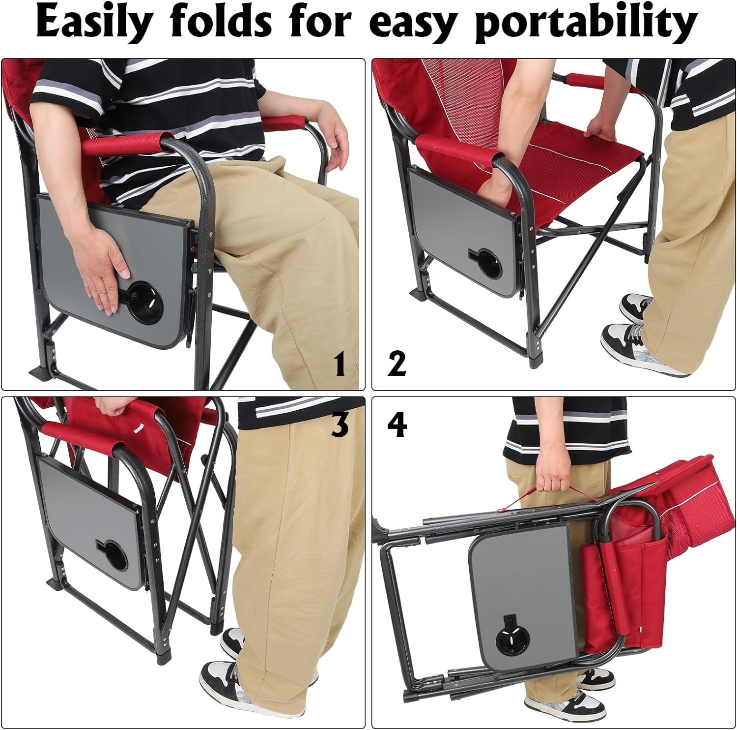 Folding Camping Chair with Side Table – Portable Heavy Duty Outdoor Chair (Red) ALOMAIRI