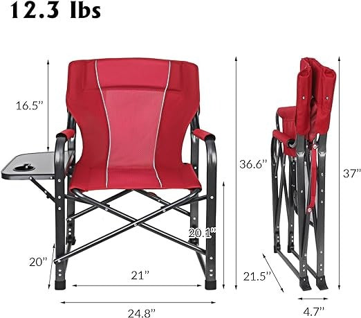 Folding Camping Chair with Side Table – Portable Heavy Duty Outdoor Chair (Red) ALOMAIRI