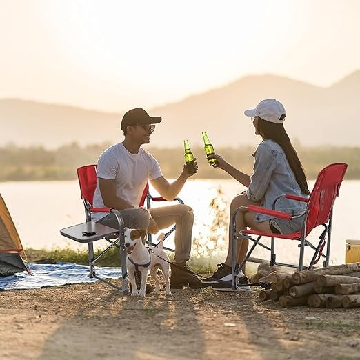 Folding Camping Chair with Side Table – Portable Heavy Duty Outdoor Chair (Red) ALOMAIRI
