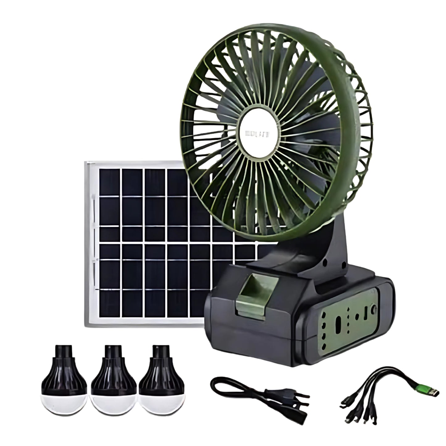 Rechargeable or solar fan with solar panel and 3 LED bulbs