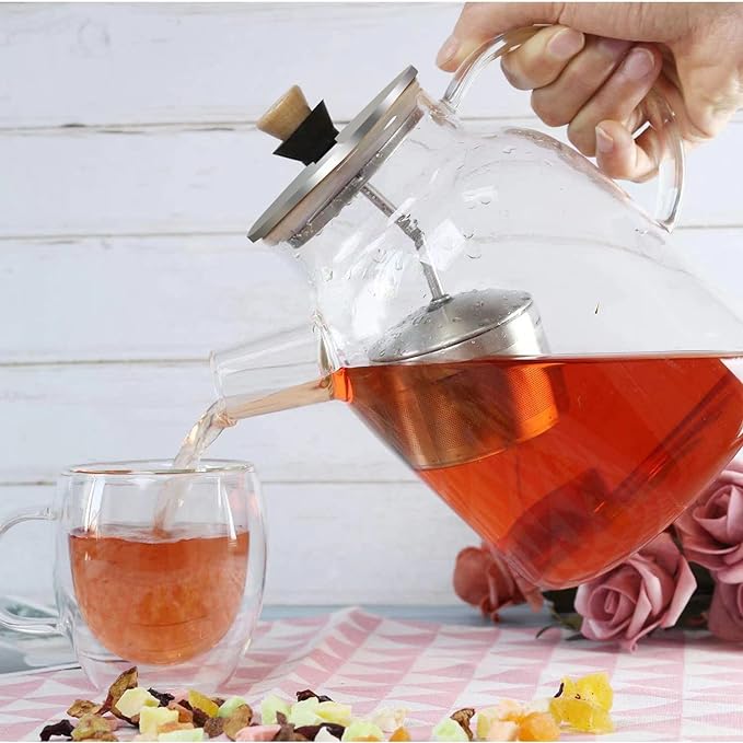 إبريق شاي زجاجي مع مصفاة وغطاء للشاي سعة 1.5 لتر