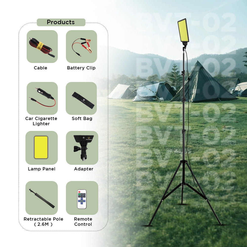 Toby’s BVT-02 Outdoor Multifunction Camping Light 3000LM High-Brightness COB LED, 2.5M Tripod, 12V Input, Remote Control, Camping & Emergency Flood Light
