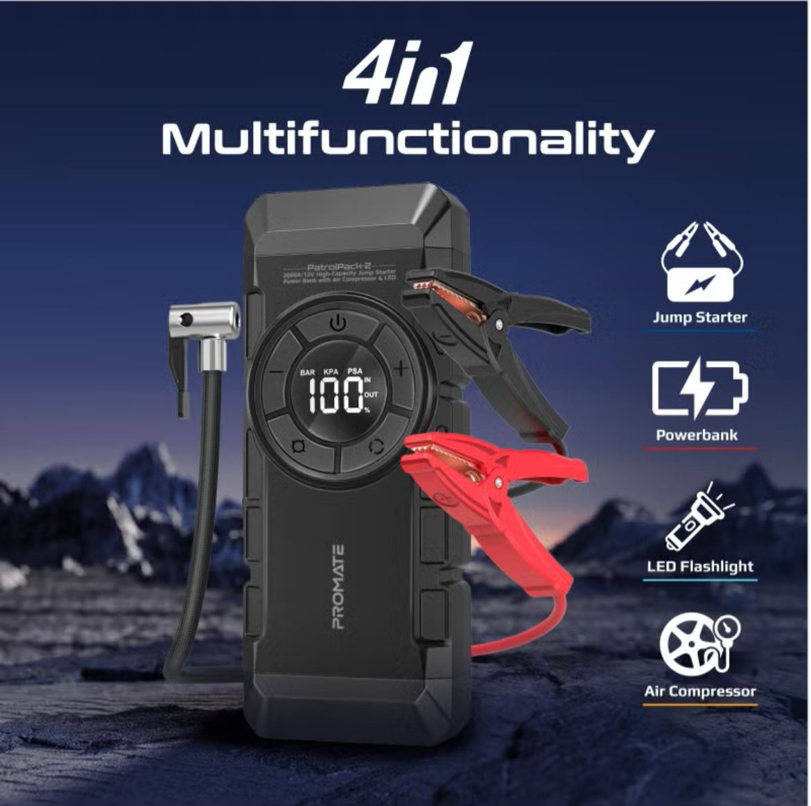 A/12V مع منفاخ هواء بقوة 150PSI وبنك طاقة بسعة 12000mAh مع كشاف