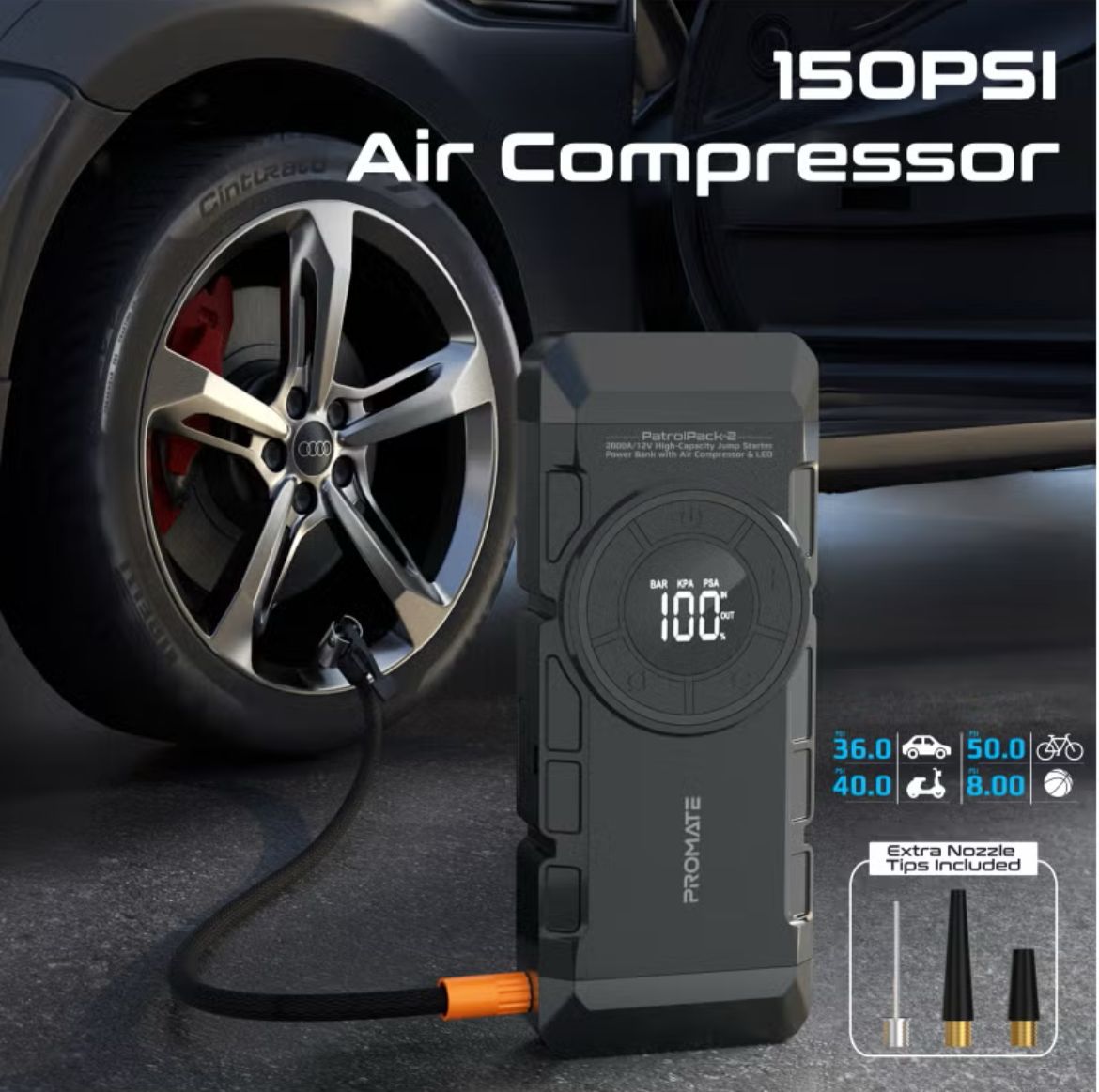 A/12V مع منفاخ هواء بقوة 150PSI وبنك طاقة بسعة 12000mAh مع كشاف
