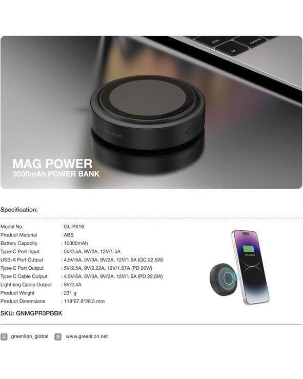 Green Lion MAG Power 3000mAh باور بانك، متوافق مع MagSafe