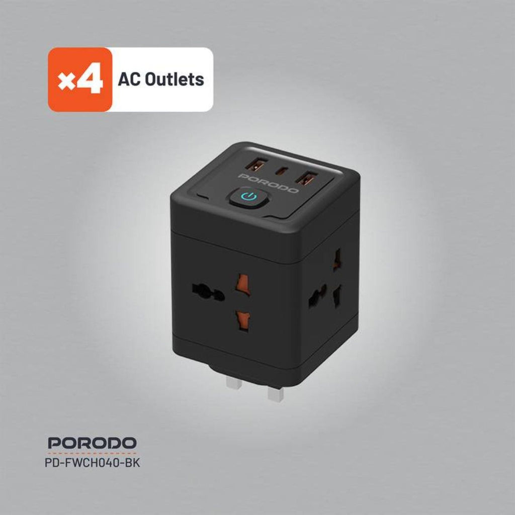 Porodo محول طاقة عالمي بـ 4 منافذ AC مع منفذي USB-A ومنفذ USB-C
