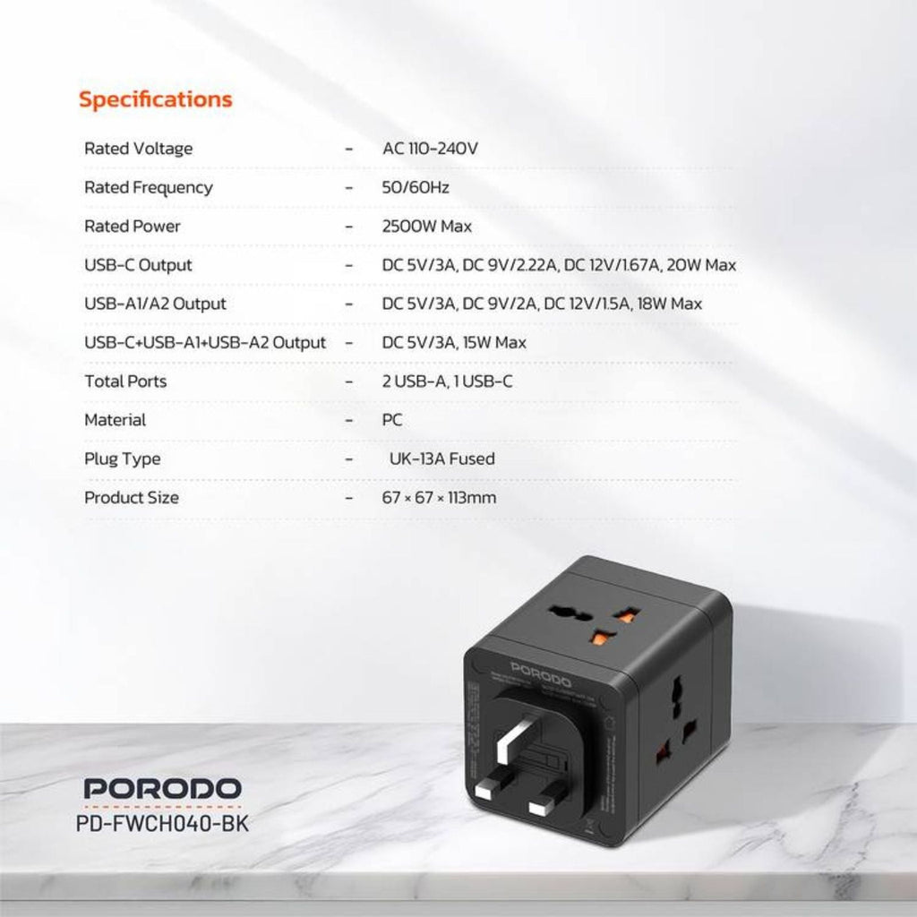 Porodo محول طاقة عالمي بـ 4 منافذ AC مع منفذي USB-A ومنفذ USB-C
