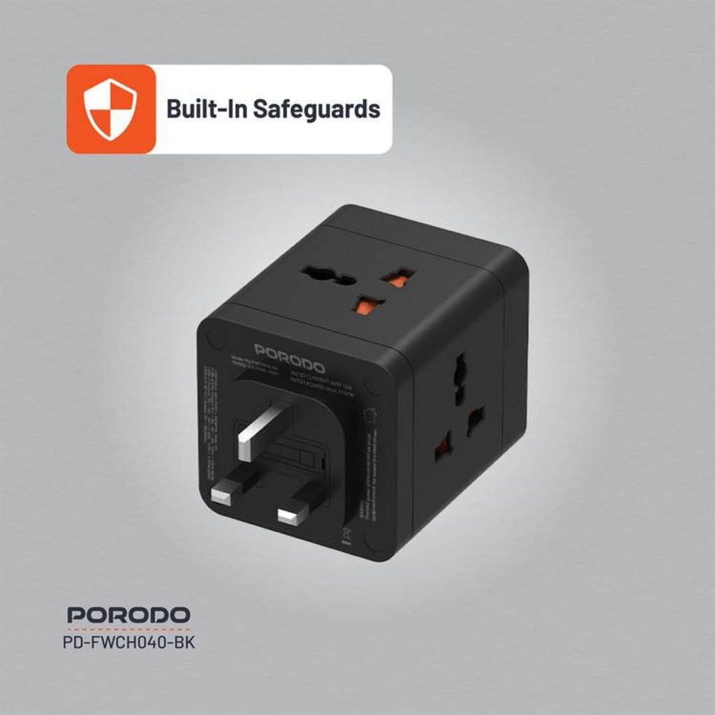 Porodo محول طاقة عالمي بـ 4 منافذ AC مع منفذي USB-A ومنفذ USB-C