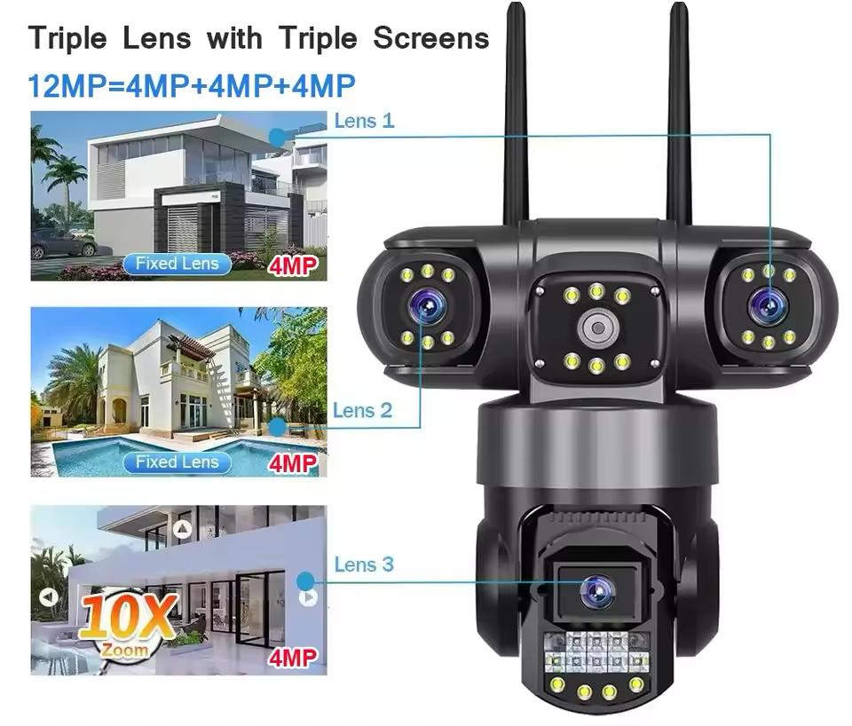 كاميرا مراقبة خارجية 6K بدقة 12 ميجابكسل بعدسات ثلاثية