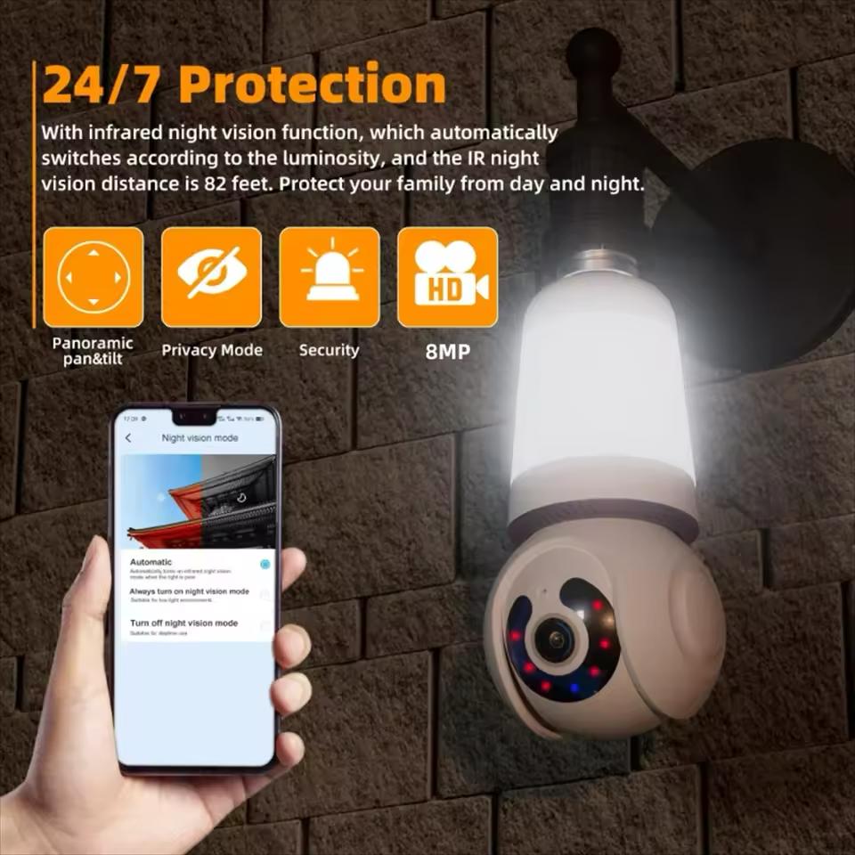لمبة كاميرا مراقبة Wi-Fi E27 2 في 1 بكشف ذكي وصوت ثنائي الاتجاه ورؤية ليلية