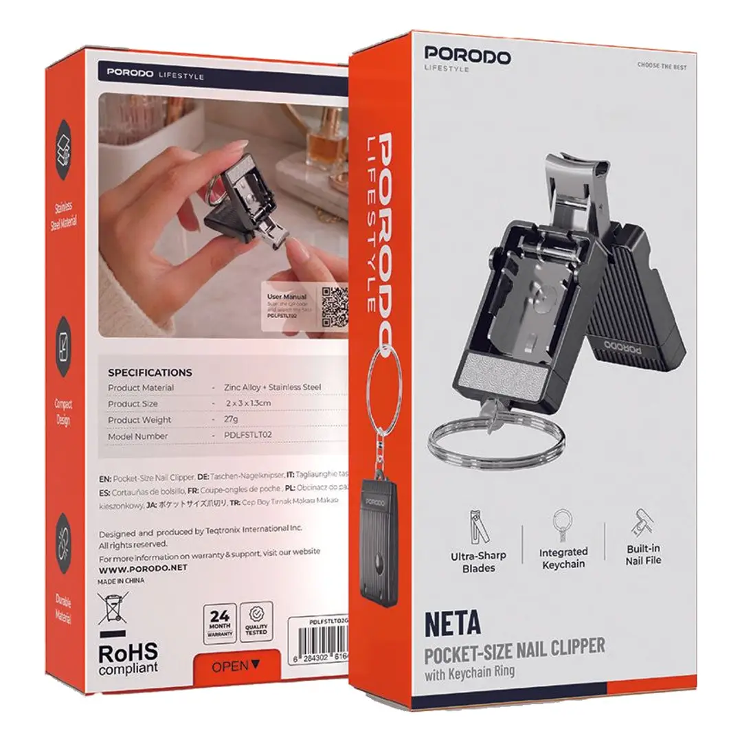 Porodo Lifestyle Neta Pocket - Size Nail Clipper with Keychain Ring - Grey