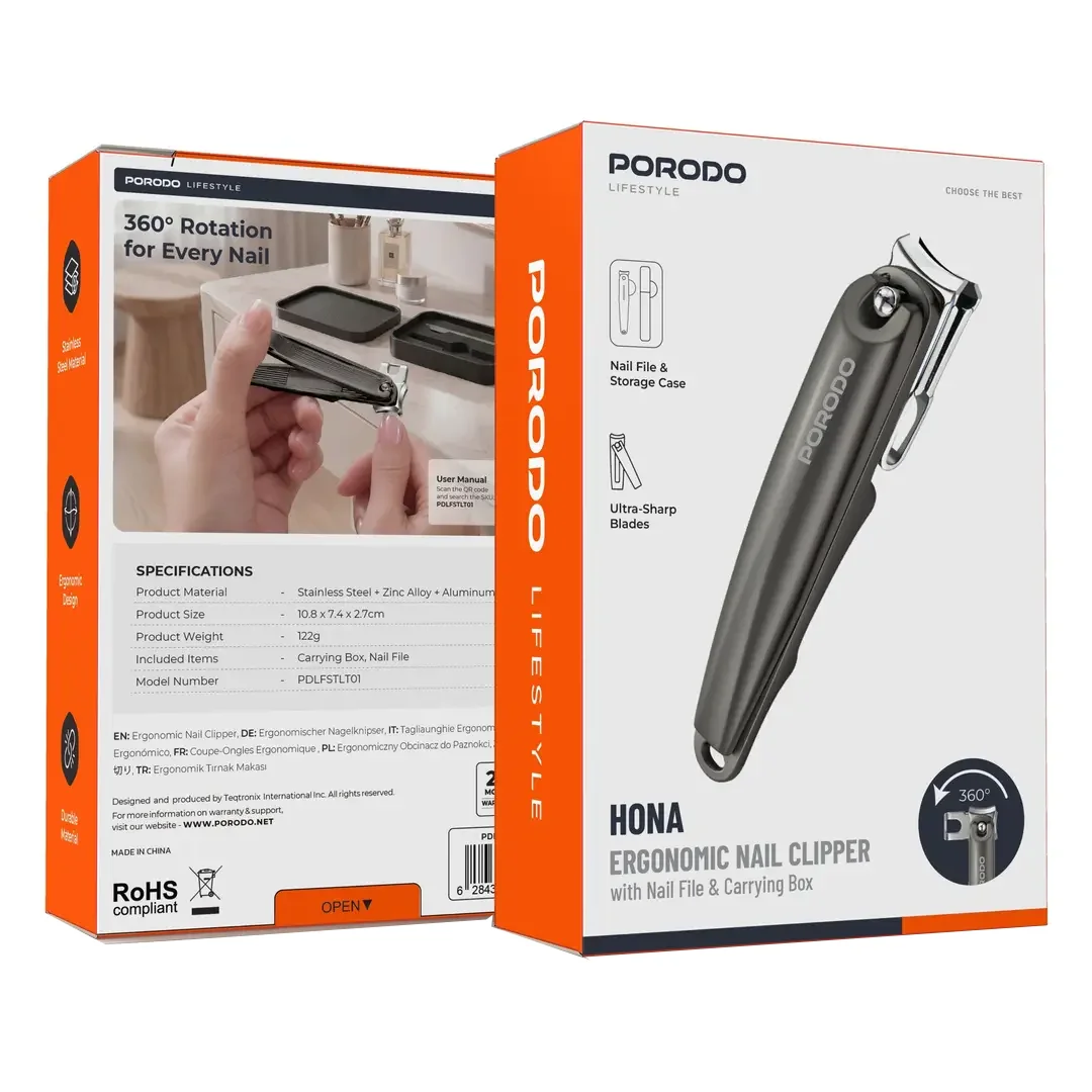 Porodo Lifestyle Hona Ergonomic Nail Clipper with Nail File & Carrying Box - Grey