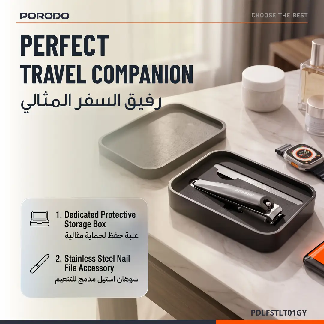 Porodo Lifestyle Hona Ergonomic Nail Clipper with Nail File & Carrying Box - Grey