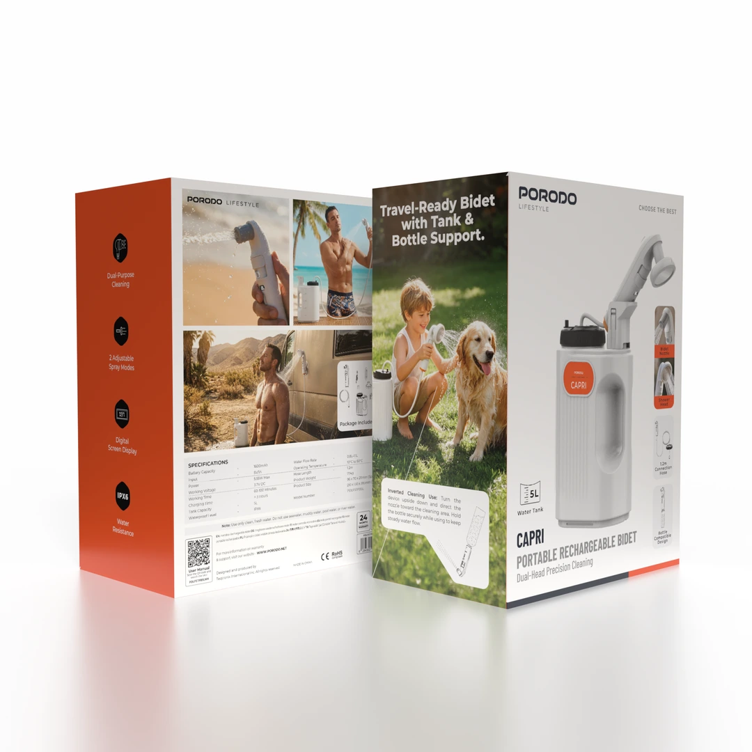 Porodo Lifestyle Capri Portable Rechargeable Bidet with Dual-Head Precision Cleaning - White