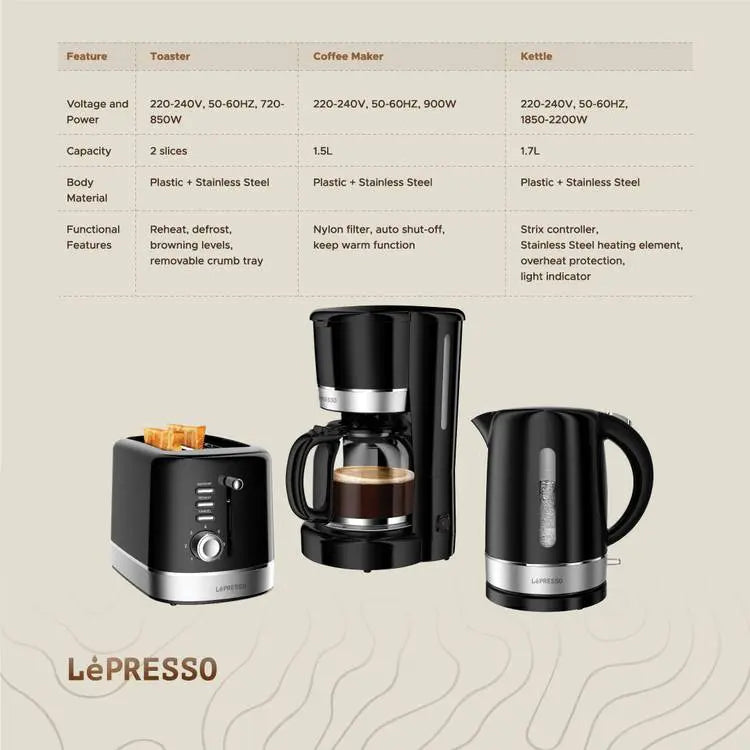 LePresso مجموعة إفطار : توستر، غلاية، وآلة قهوة