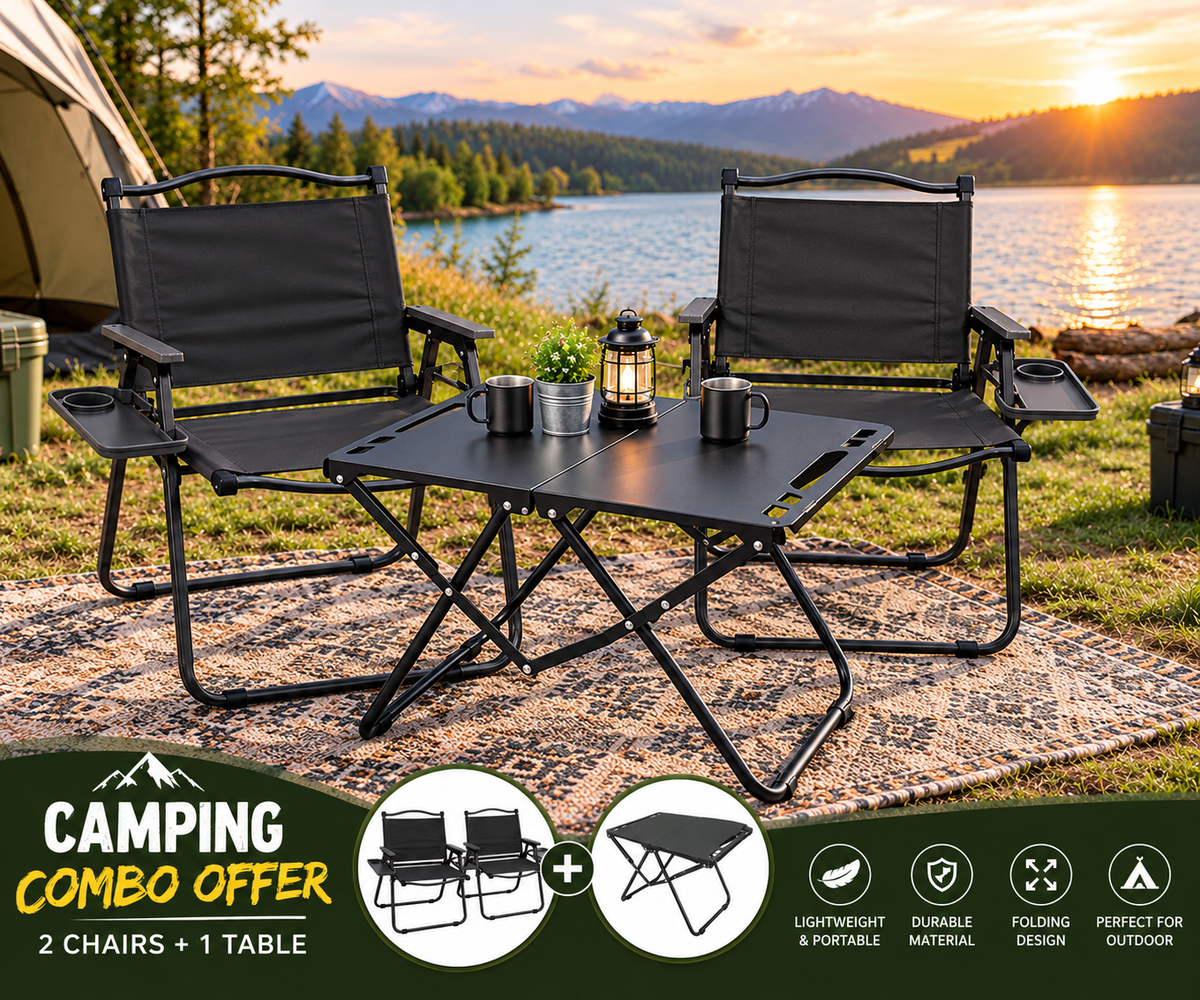 Camping Furniture Set – 2 Folding Chairs with Cup Holders & 1 Portable Folding Table