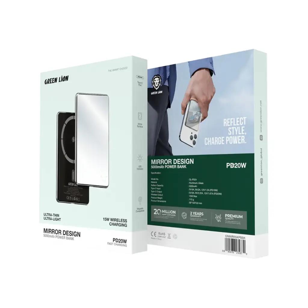 باور بانك Green Lion Mirror Design بسعة 5000mAh - أسود