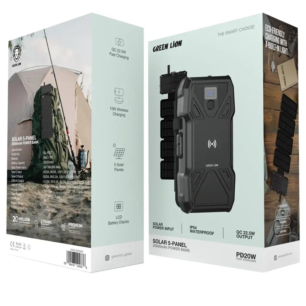 البنك الطاقة Green Lion Solar بخمس لوحات شمسية بسعة 20000mAh PD20W