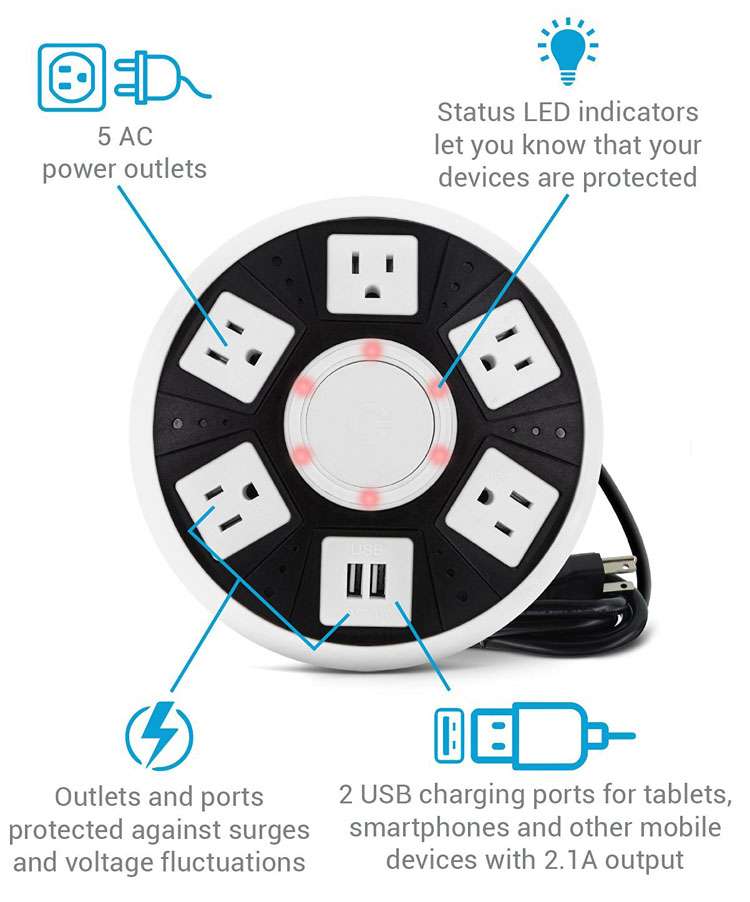 محول كهرباء دائري مع 5 منافذ كهرباء و2 مدخل USB - ضمان سنتين