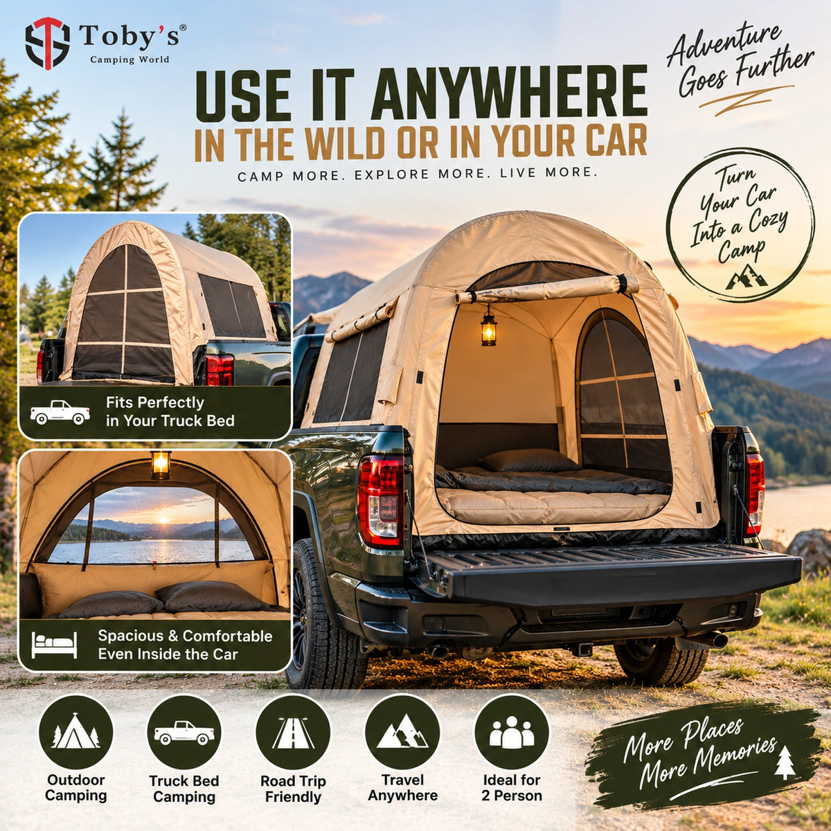 Toby’s Inflatable Truck Bed Tent 05 with Electric Pump, Waterproof 4 Season Oxford Pickup Camping Tent, Easy Setup Car Bed Tent with Mesh Windows & Awning
